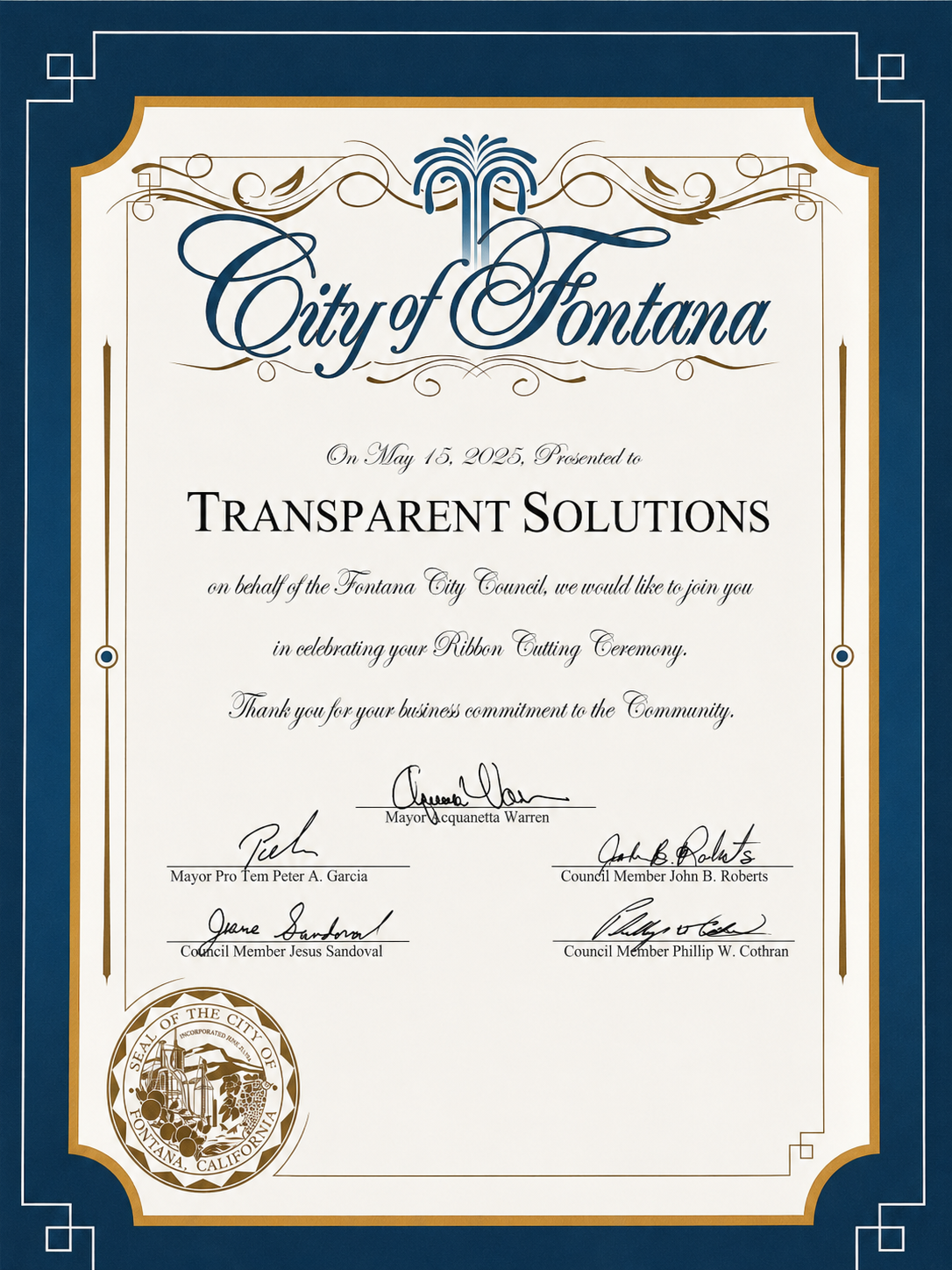 City of Fontana — Ribbon Cutting Ceremony Recognition for Transparent Solutions, May 15, 2025
