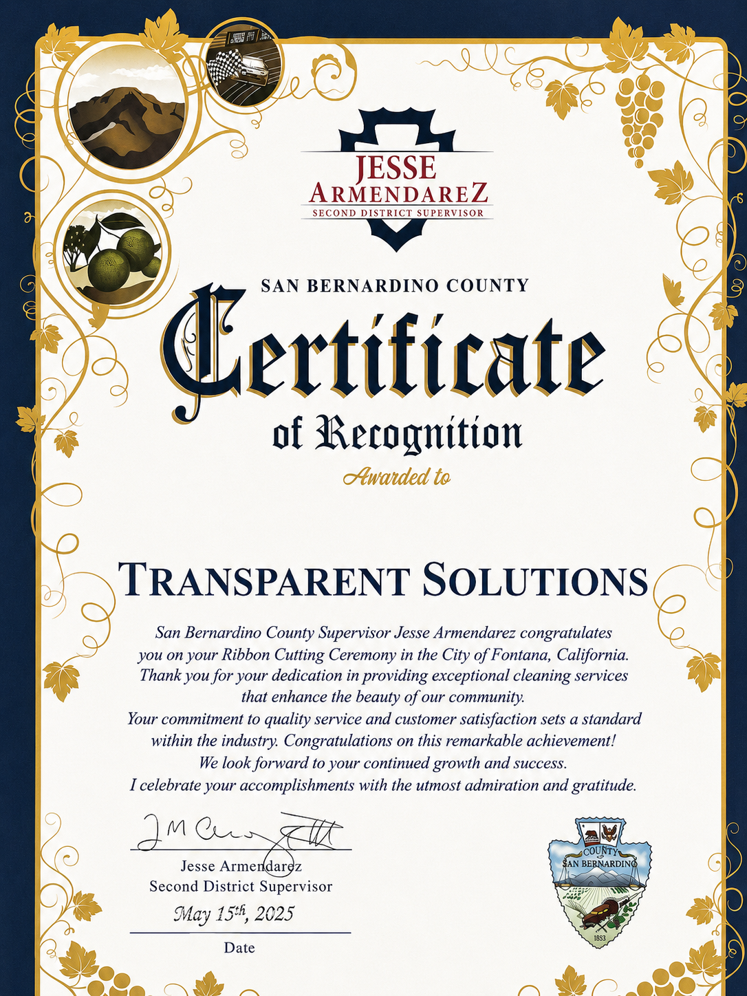 San Bernardino County Certificate of Recognition presented to Transparent Solutions by Supervisor Jesse Armendarez, May 15, 2025