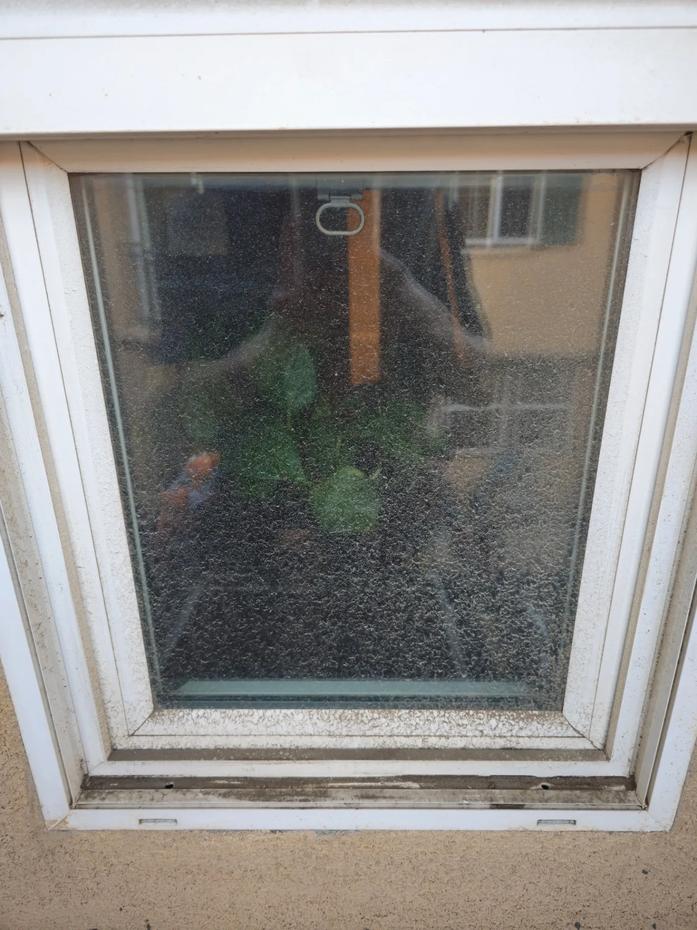 Dirty residential window with heavy water spotting before Transparent Solutions window cleaning