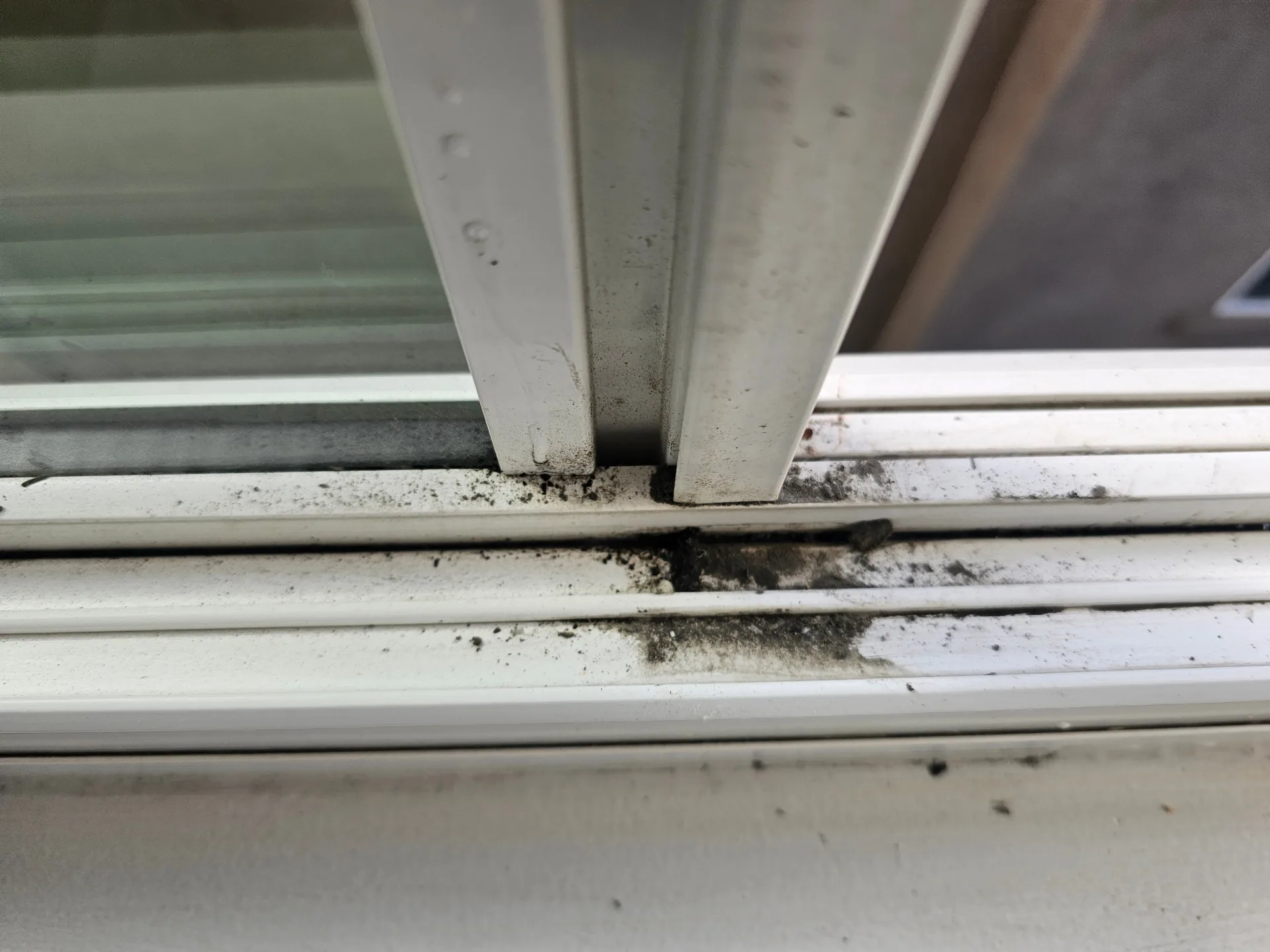 Close-up of window track debris before professional deep cleaning